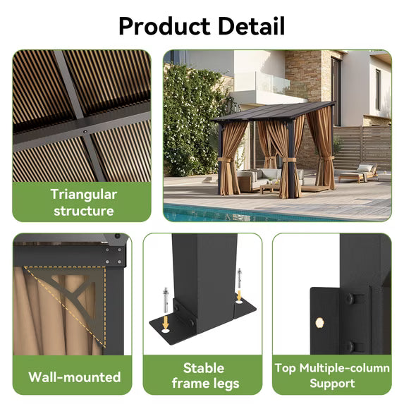 Dateyes 8‘x10’ Wall-Mounted Patio Gazebo with Durable Polycarbonate Roof, Full Bug Screens & Privacy Panels