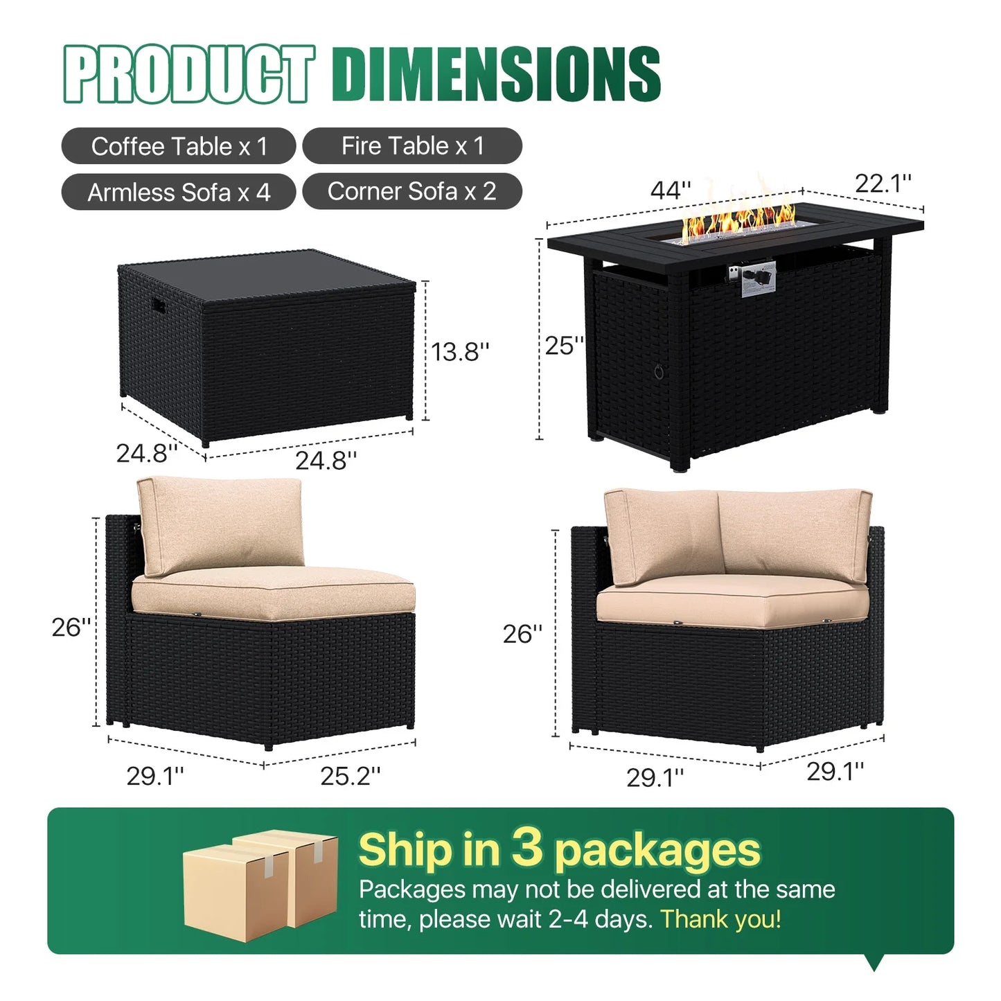 Clouddwell 8-Piece Patio Furniture Set With Fire Table On Sale, Black Rattan Wicker Outdoor Sectional Sofa Couch with Table Patio Conversation Set for Lawn& Backyard,Beige