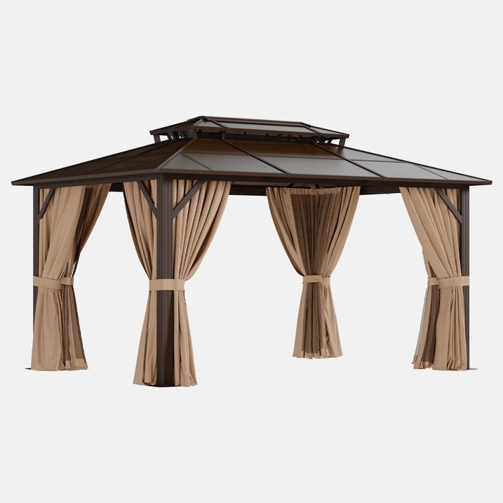 Clouddwell 10'x14' Hardtop Gazebo - Polycarbonate Double Roof with Netting & Curtains for Patio, Garden Sun Protection,Brown