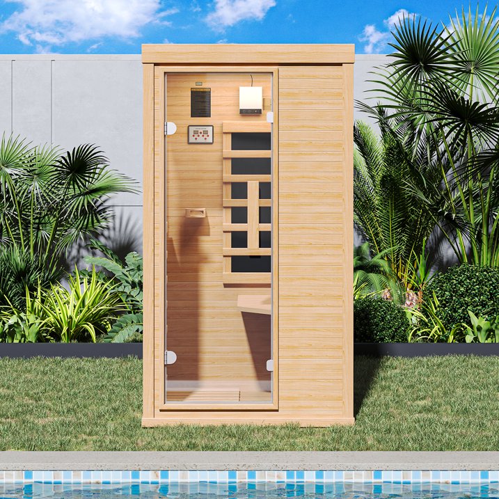Sunmthink Full Spectrum Infrared Sauna ， 1-Person Home Sauna 850W Hemlock Wood Spa with Resonance Speaker & Tempered Glass