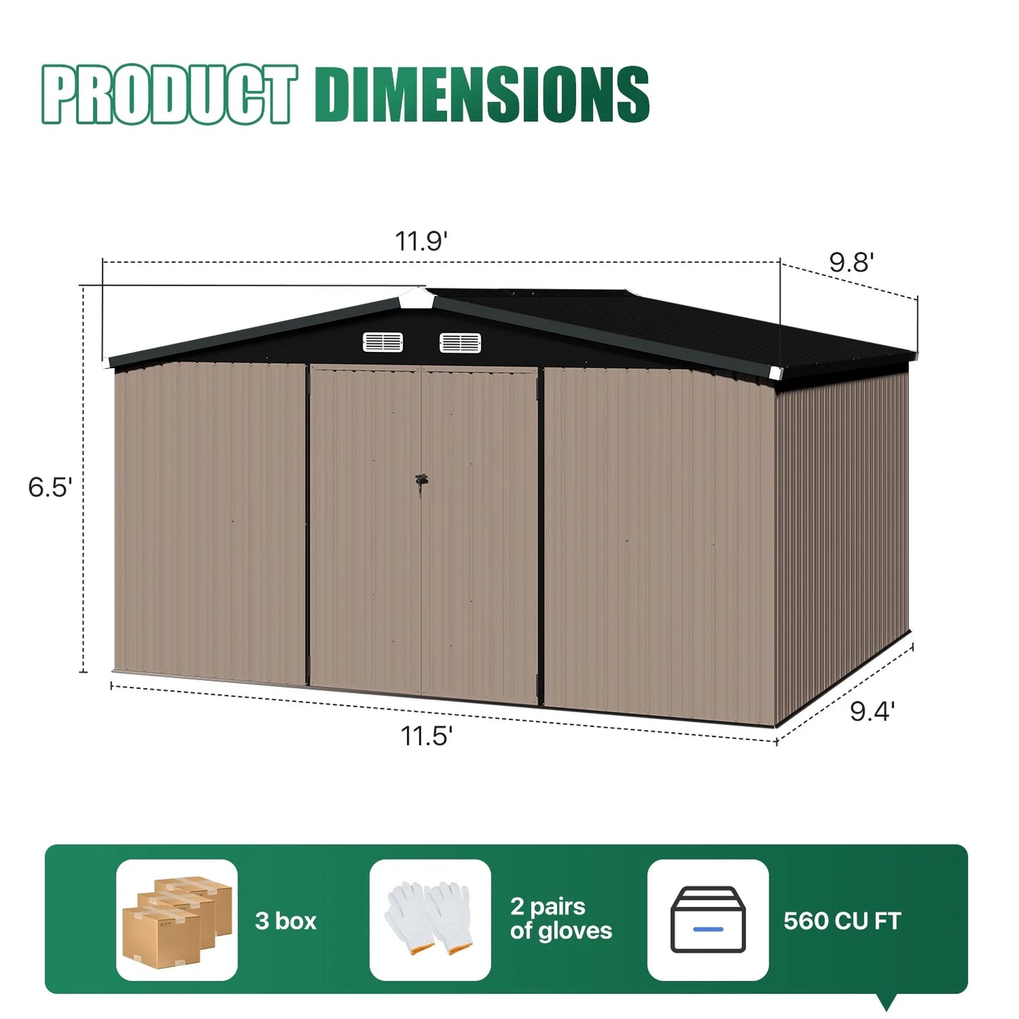 Clouddwell 11.5x9.4ft Galvanized Steel Storage Shed with Floor & Double Doors - Brown