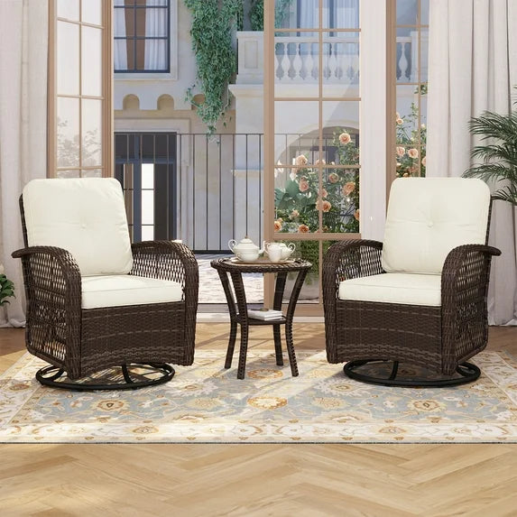 Sunmthink 3-Piece Patio Furniture Set with Swivel Rocking Chairs and Side Table, Thickened Cushions Outdoor Wicker Bistro for Porch Deck Backyard (White)