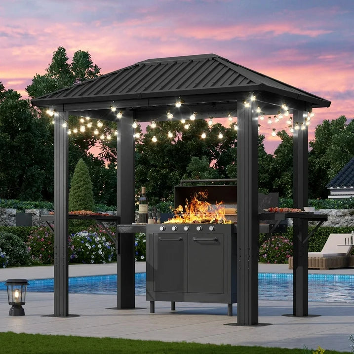 Aoxun Grill Hardtop Gazebo 5 x 8 FT, Outdoor Metal Hard Top Gazebo, Permanent BBQ Gazebo with Galvanized Steel Roof, Aluminum Pavilion with Shelves for Lawn, Garden, Patio, Backyard
