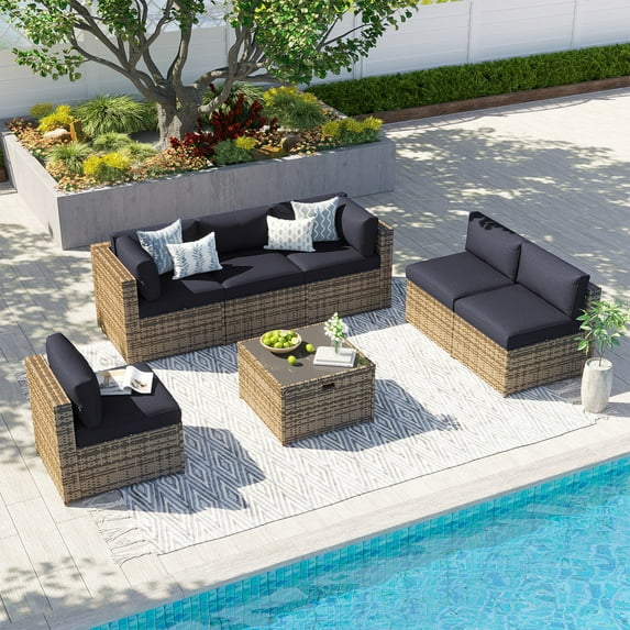 Clouddwell 7 Piece Patio Furniture Set Wicker Rattan Patio Conversation Set Outdoor Sectional Sofa Set with Coffee Table and Black Cushions(Waterproof Cover Included)