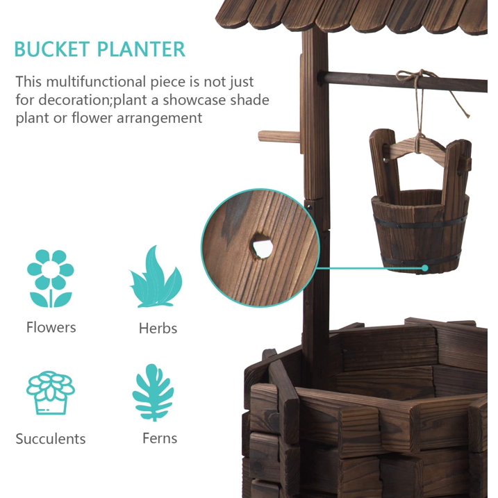 Sunmthink Wood Wishing Well Planter with Hanging Bucket for Flower and Plants, Brown