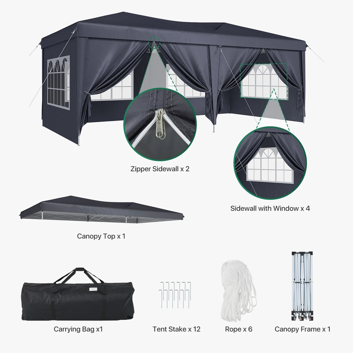ClouDDwell 10x20ft Pop up Canopy, Party Tent with 3 Adjustable Heights, Tents for Party, Instant Shelter Canopy with 6 Removable Sidewalls For Parties, Weddings, Gray