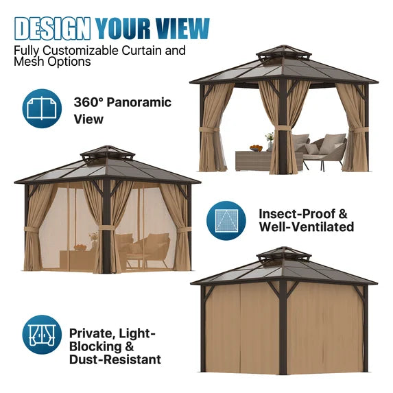 Sunmthink 10' x 10' Hardtop Gazebo,Polycarbonate Double Roof,Aluminum Frame with Curtains and Netting for Patio,Garden,Brown