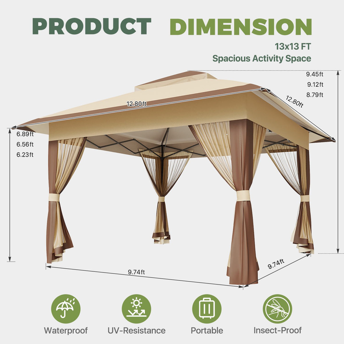 Dateyes 13x13 FT Pop Up Gazebo, Outdoor Gazebo Canopy with Mosquito Netting, 3 Adjustable Heights, Portable Patio Gazebo Tent for Backyard, Patio, Brown