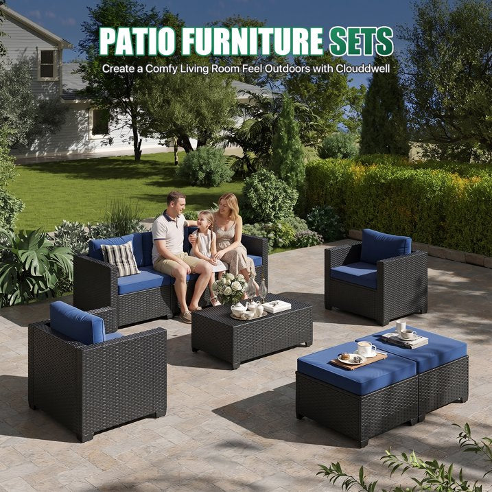 Clouddwell 7 Seats Patio Furniture Set with Storage Coffee Table, All Weather Wicker Outdoor Sectional With Thickened Cushion and Waterproof Cover, Blue