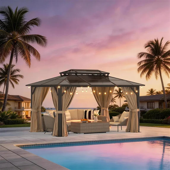 Sunmthink 10' x 14' Hardtop Gazebo,Polycarbonate Double Roof,Aluminum Frame with Curtains and Netting for Patio,Garden,Brown