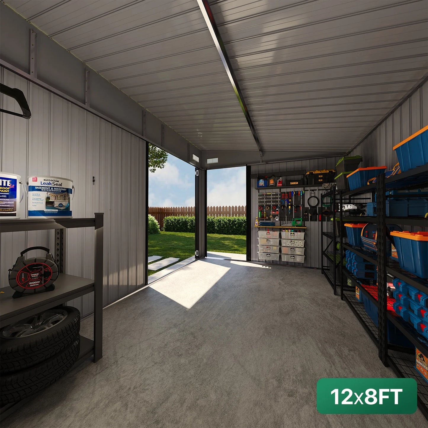 Clouddwell 12ft x 8ft Heavy-Duty Metal Storage Shed with 3 Doors, Lockable Lean-To Design, Weatherproof for Garden & Tools (Black)