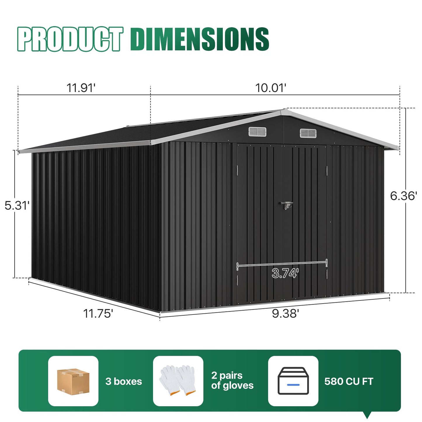 Clouddwell 10x12 ft Outdoor Storage Shed with Base, Large Metal Garden Tool Shed with Double Lockable Doors for Backyard, Patio, Black