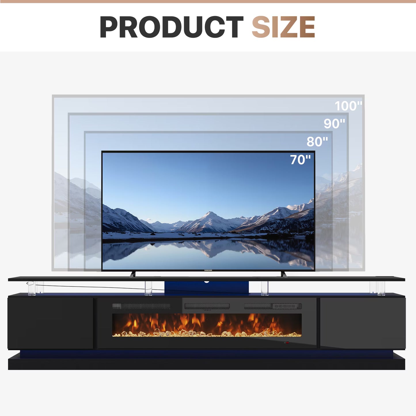 Sonegra Modern Fireplace TV Stand for TVs Up to 100" with music sync LED, 90" Fireplace Entertainment Center with Charging Station, TV Console with Storage Cabinets for Living Room, Black