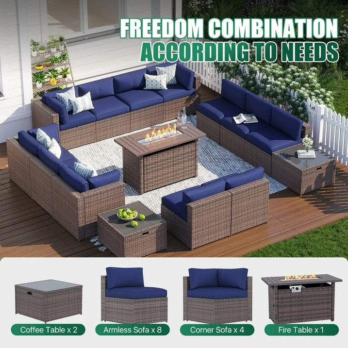 Clouddwell 15 Piece Patio Furniture Set with 44” Fire Pit Table Wicker Rattan Patio Conversation Set Outdoor Sectional Sofa Set with Coffee Table and Blue Cushions(Waterproof Cover Included)