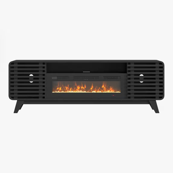 Sonegra Fireplace TV Stand with 36" Electric Fireplace, Mid Century Modern Entertainment Center with Led Lights for 80" TVs , Wood Media Console with Slatted Sliding Doors for Living Room, Black