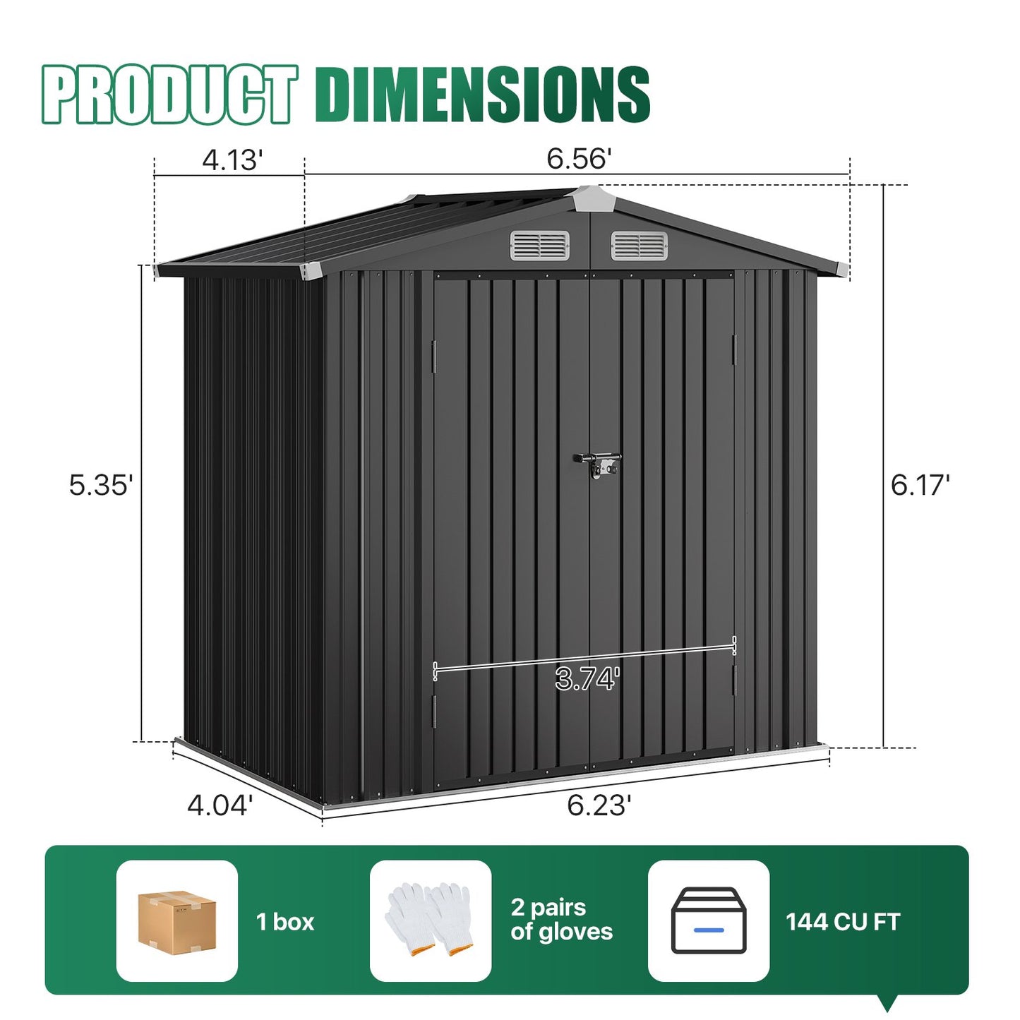 Clouddwell 6.2x4 ft. Metal Storage Shed with Base, Galvanized Steel Outdoor Garden Shed (Black)