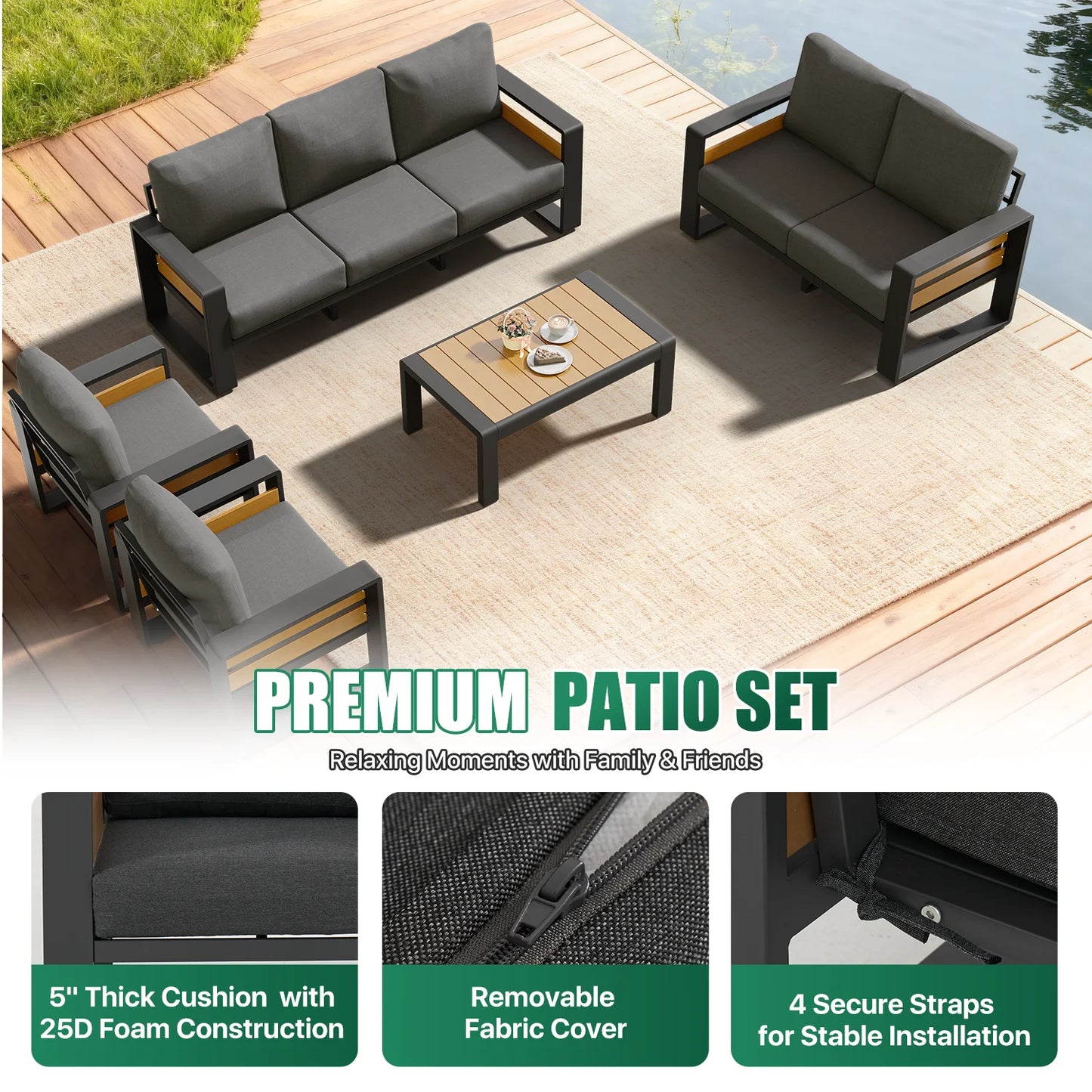 7-Seats Aluminum Patio Furniture Set, Outdoor Metal Sofa Conversation Set with Coffee Table for Pool Garden Porch Backyard, Dark Gray