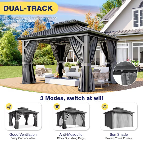 Dateyes 10x12 FT Outdoor Hardtop Gazebo, Aluminum Frame Gazebo with Removable Mesh Walls and Curtains for Patio, Lawns, Gray