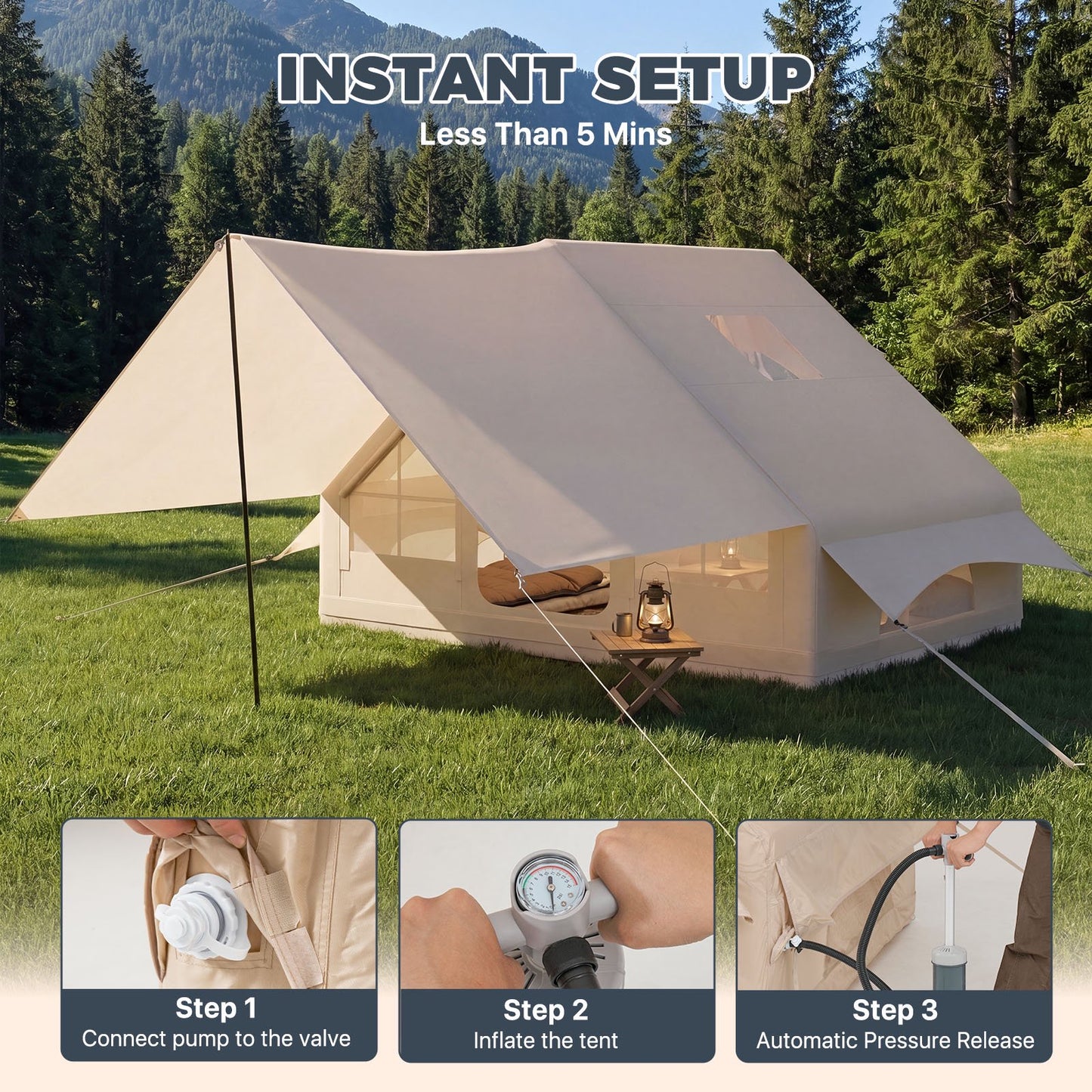 Clouddwell 4-8 Person Inflatable Camping Tent, Blow Up Family Glamping Tent with Skylight & Stove Jack, Waterproof 420D Oxford Air Tent with Hand Pump for Camping, Hiking & All-Season Use