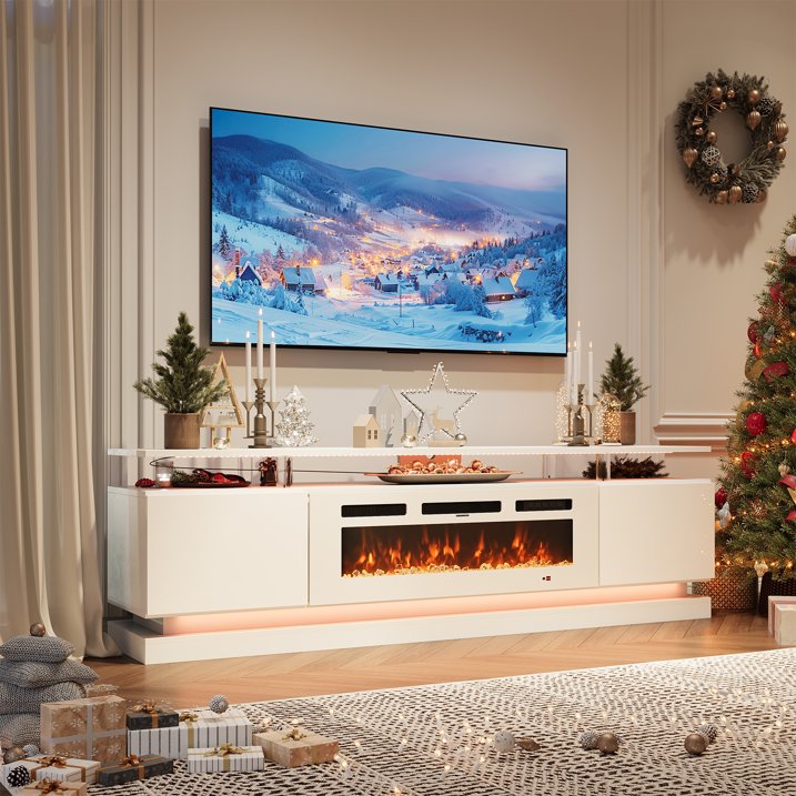 Sonegra Modern Fireplace TV Stand for TVs Up to 80" with Music Sync LED, 70" Entertainment Center with Electric Fireplace, TV Console with Storage Cabinets for Living Room, White