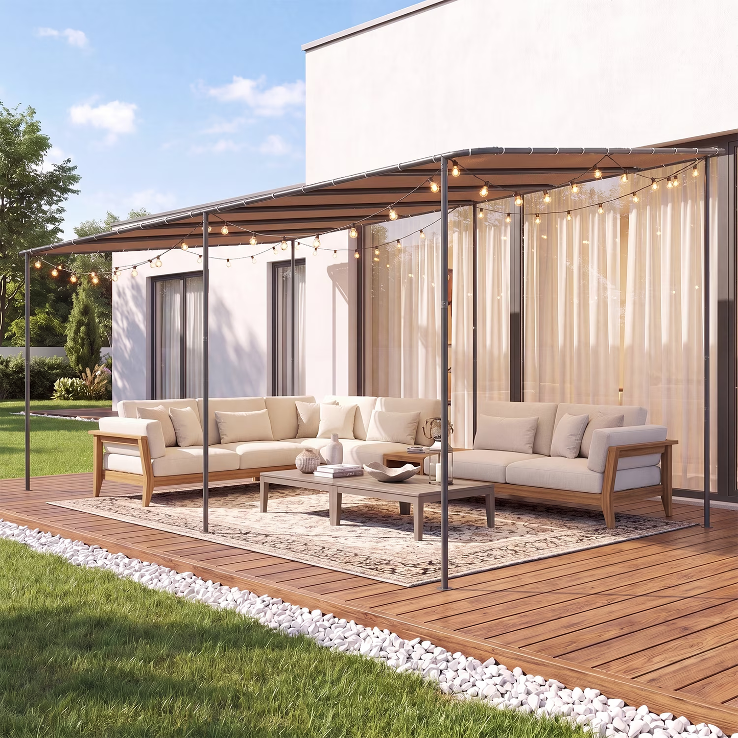 Clouddwell 12×20 FT Wall-Mounted Sloped Roof Outdoor Pergola Canopy, Water-Resistant & UV-Resistant Metal Patio Gazebo for Backyard Garden Porch in Khaki