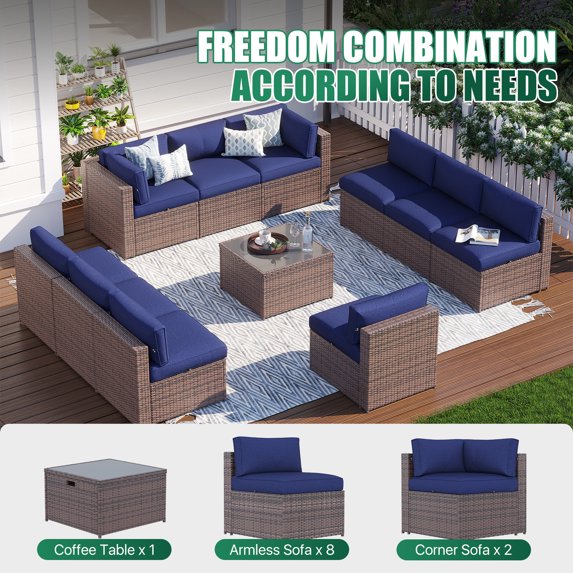 Clouddwell 11 Piece Patio Furniture Set Wicker Rattan Patio Conversation Set Outdoor Sectional Sofa Set with Coffee Table and Blue Cushions