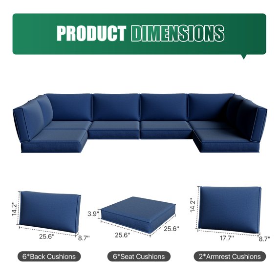 Clouddwell 14-Piece Premium Outdoor Cushion Set, High-Resilience Waterproof Cushions for 6-Seat Wicker Sectional, Comfort Upgrade (Navy Blue)