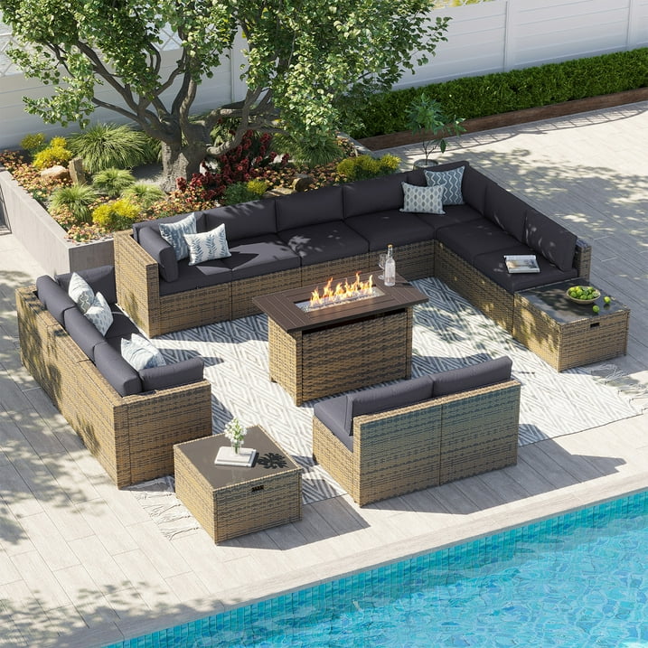 Clouddwell 15 Piece Patio Furniture Set with 44” Fire Pit Table Wicker Rattan Patio Conversation Set Outdoor Sectional Sofa Set with Coffee Table and Gray Cushions(Waterproof Cover Included)