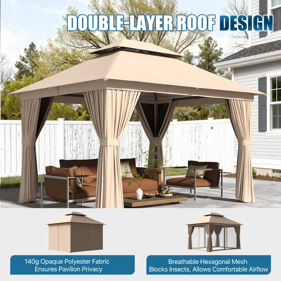 Dateyes 10x12 FT Outdoor Gazebo, Double Roof Patio Shelter with Netting Screens and Privacy Curtains, Heavy-Duty Weatherproof Canopy for Backyard, Deck, and Lawn, Beige