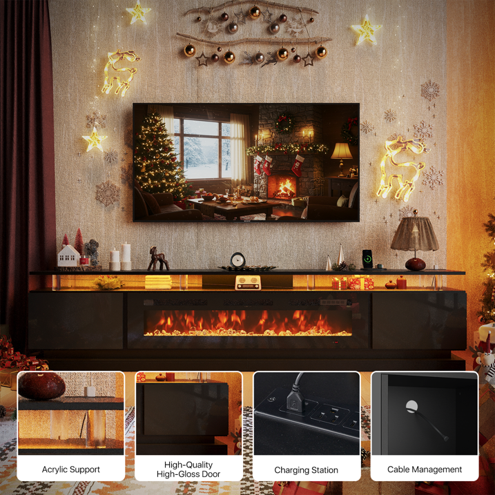Sonegra Modern Fireplace TV Stand for TVs Up to 100" with music sync LED, 90" Fireplace Entertainment Center with Charging Station, TV Console with Storage Cabinets for Living Room, Black