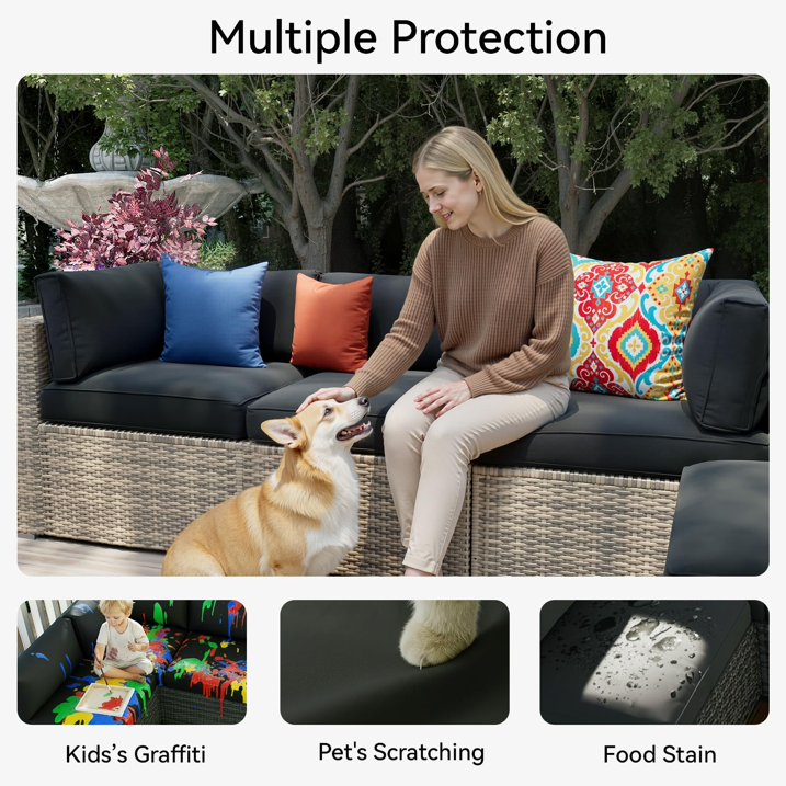 Clouddwell 14-Piece Outdoor Cushion Covers Replacement for 6-Seat Wicker Sectional-Waterproof, Non-Slip Bottom (Black)