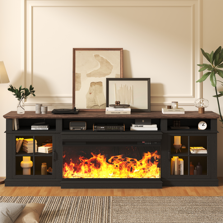 Sonegra 80 inch Fireplace TV Stand for TVs up to 90" with Electric Fireplace, Farmhouse Entertainment Center with LED Lights and Glass Door, Modern TV Consoles for Living Room, Black