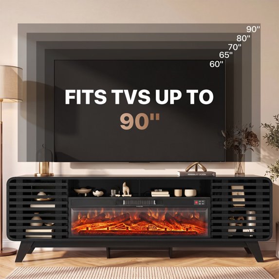 Sonegra Fireplace TV Stand with 40" Electric Fireplace, Mid Century Modern Entertainment Center with Led Lights for 90" TVs , Wood Media Console with Slatted Sliding Doors for Living Room, Black