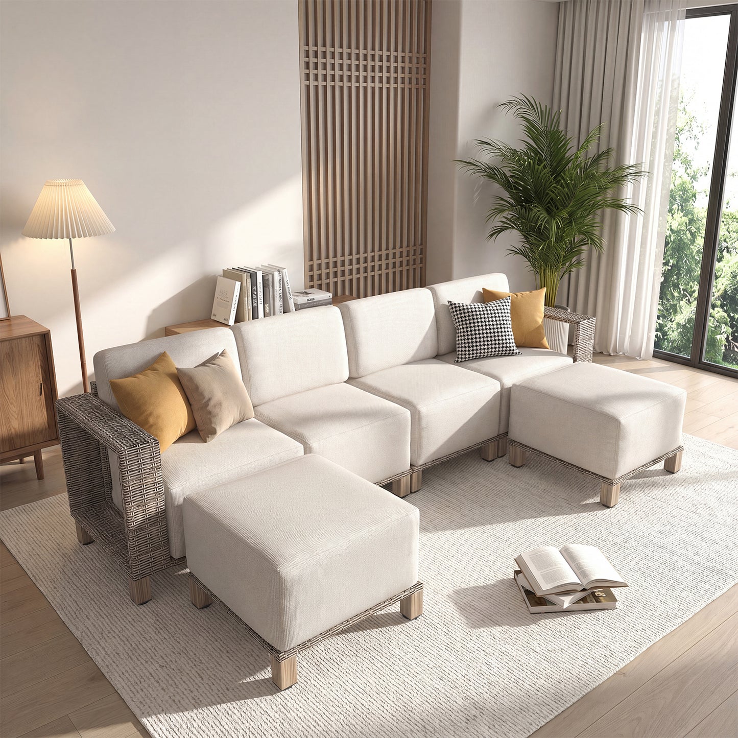 Clouddwell 6-Piece Wicker Patio Furniture Set, Indoor Sectional Conversation Sofa with 2 Ottomans, Beige