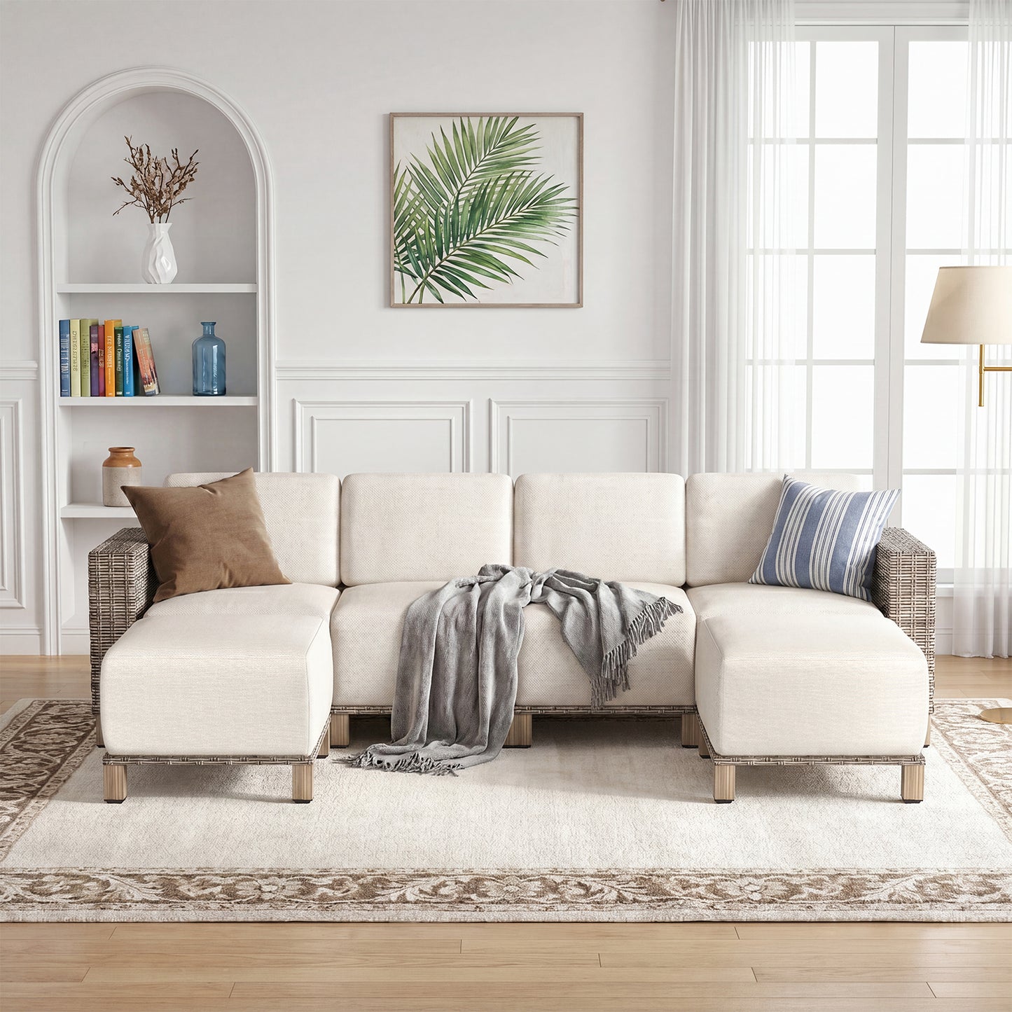 Clouddwell 6-Piece Wicker Patio Furniture Set, Indoor Sectional Conversation Sofa with 2 Ottomans, Beige