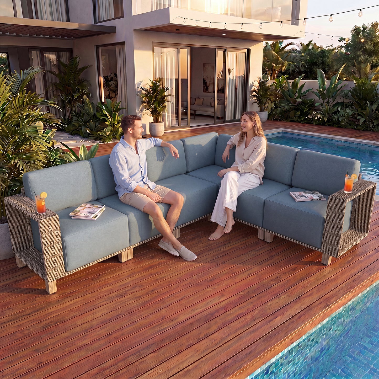 Clouddwell 6-Piece L-Shaped Wicker Patio Set, Indoor Sectional Sofa with Blue Cushions