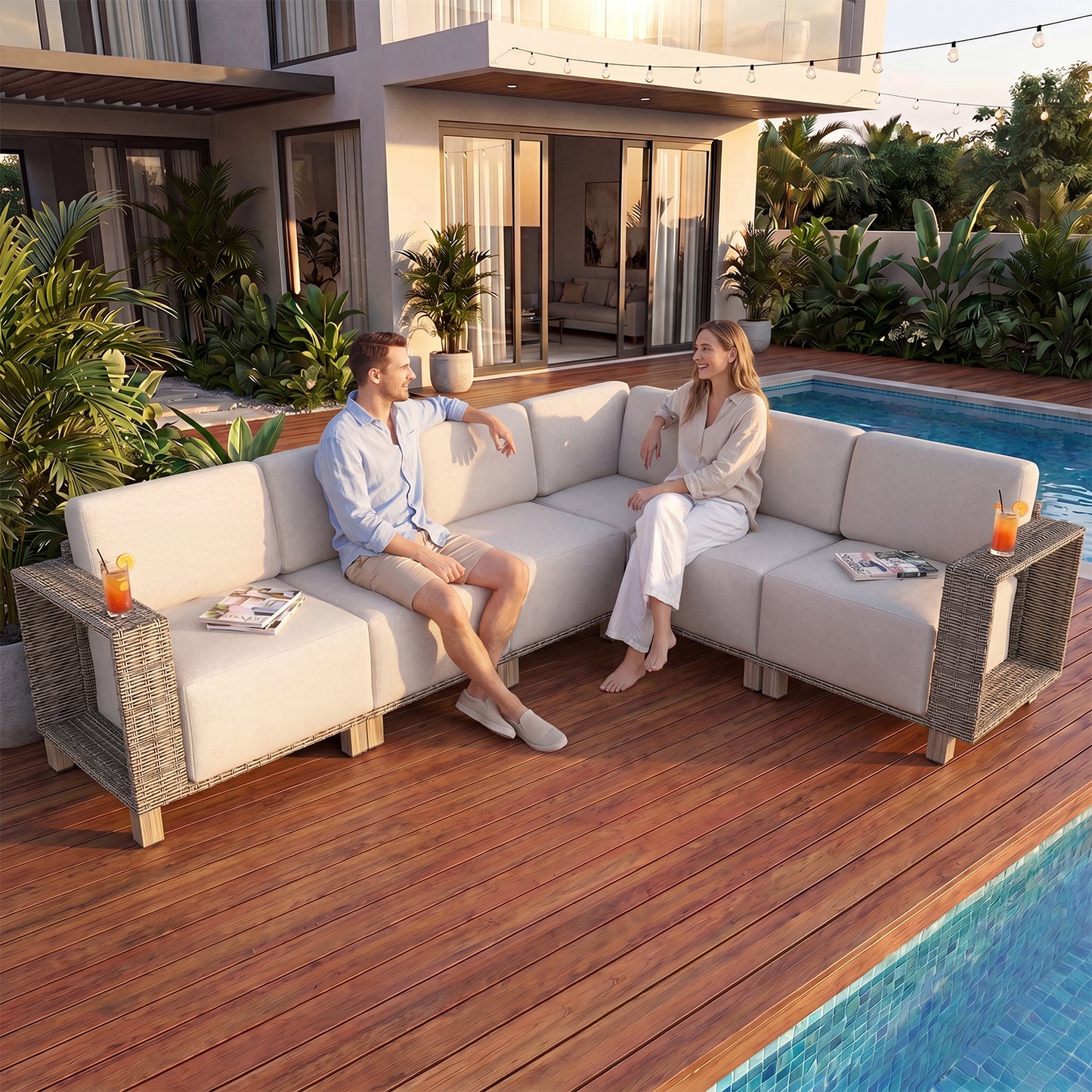 Clouddwell 6-Piece L-Shaped Wicker Patio Set,Indoor Sectional Sofa with Beige Cushions