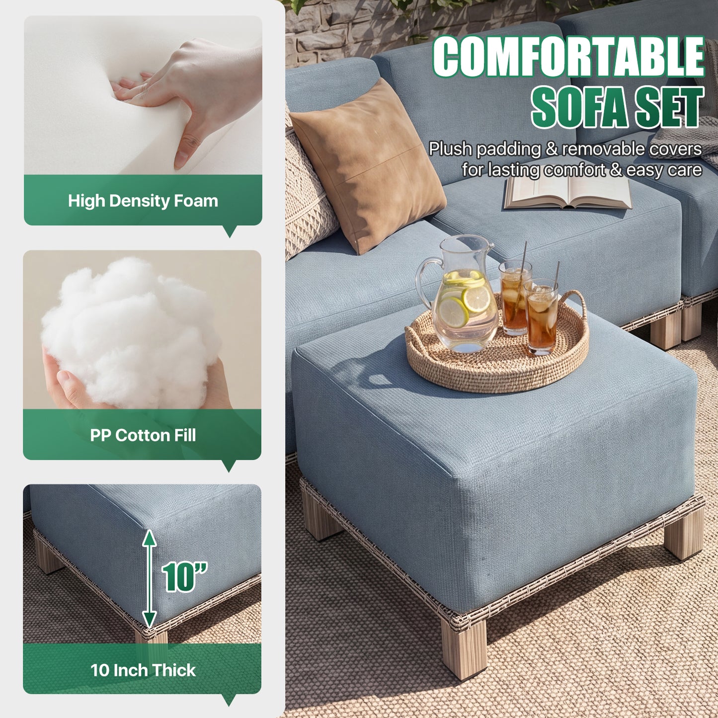 Clouddwell 6-Piece L-Shaped Wicker Patio Set, Indoor Sectional Sofa with Blue Cushions