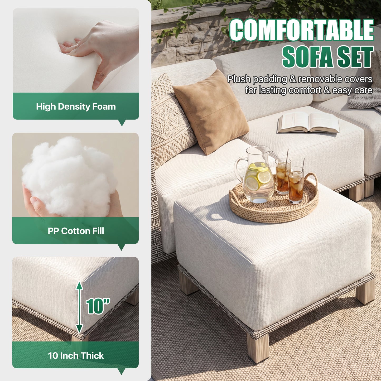 Clouddwell 6-Piece L-Shaped Wicker Patio Set,Indoor Sectional Sofa with Beige Cushions