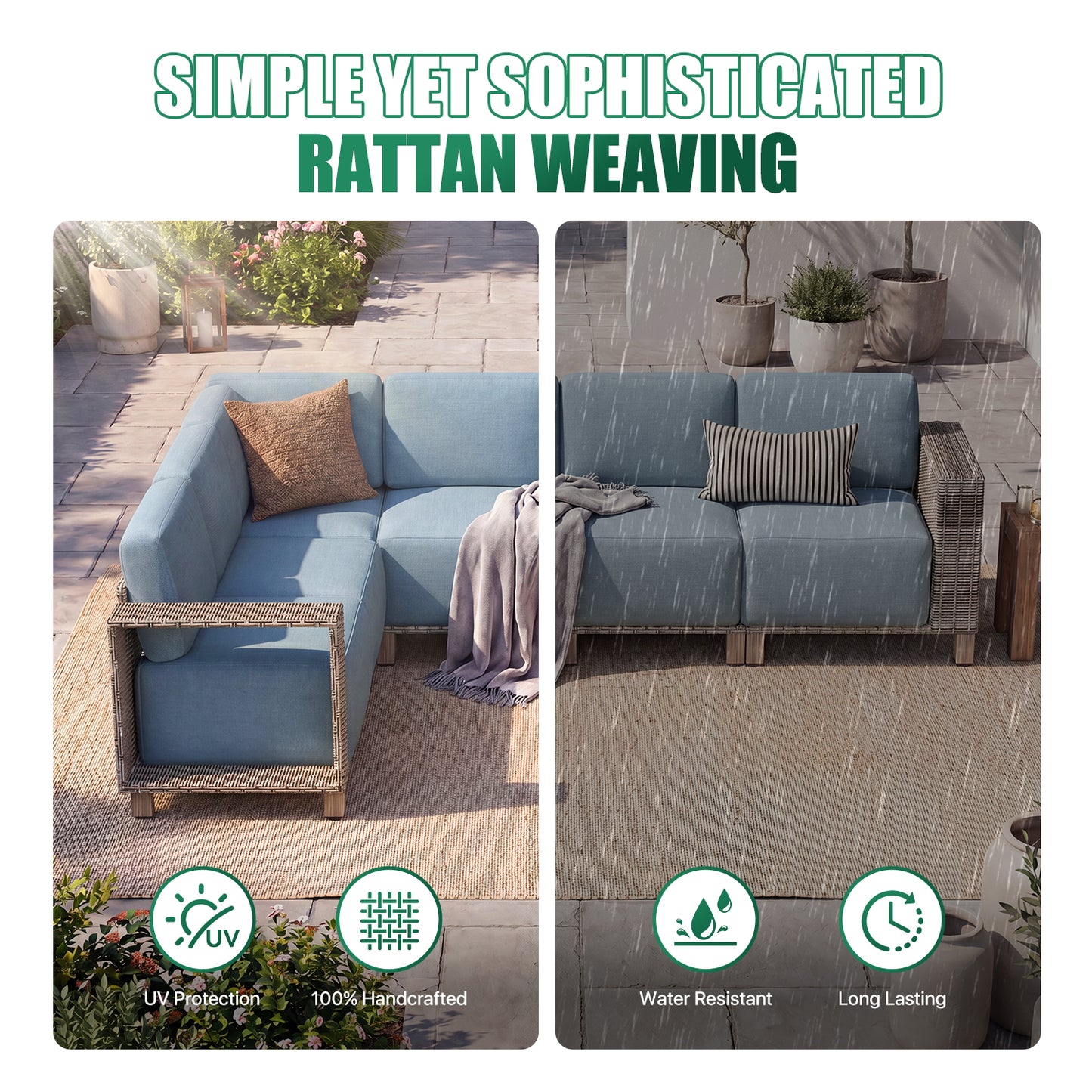 Clouddwell 6-Piece L-Shaped Wicker Patio Set, Indoor Sectional Sofa with Blue Cushions