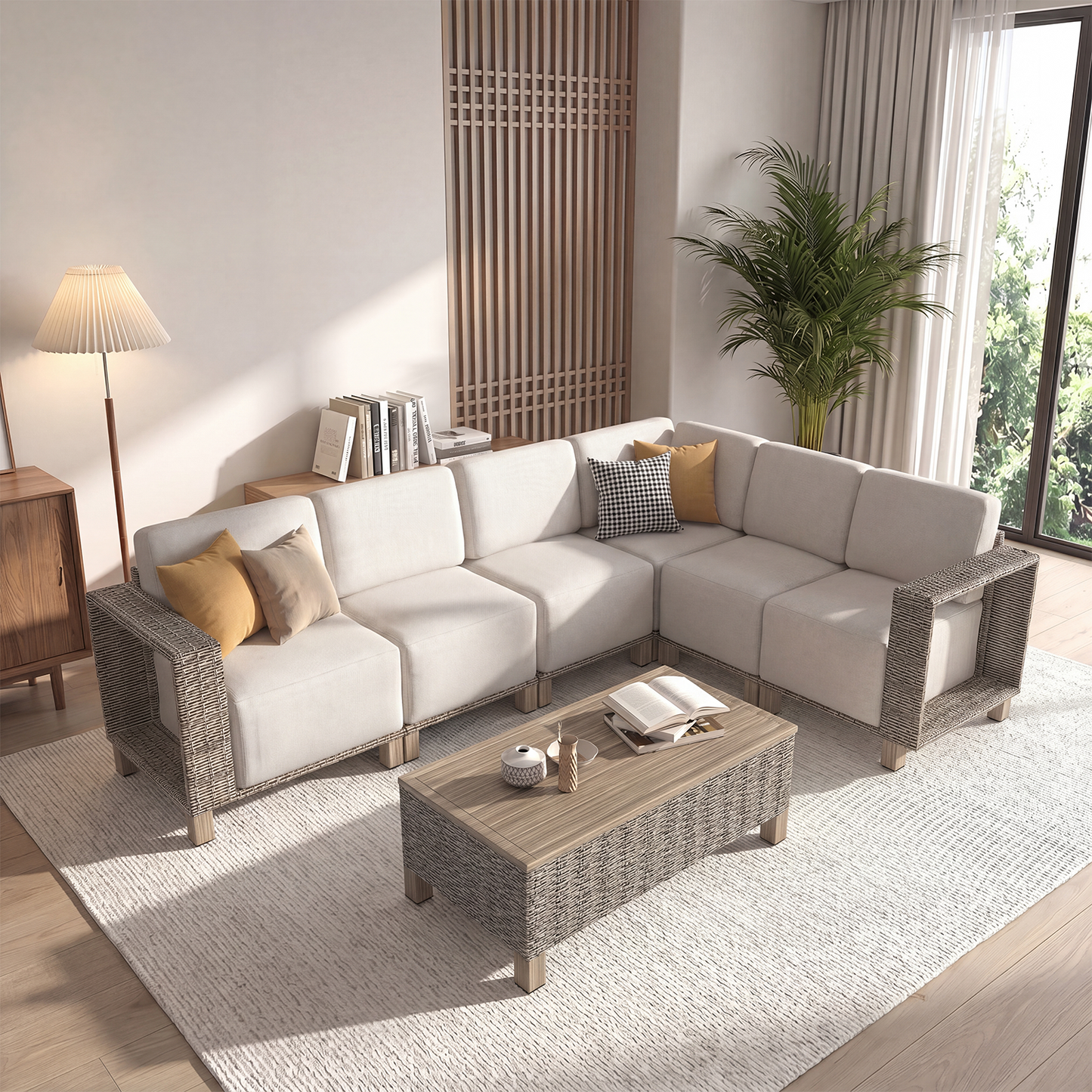 Clouddwell 7-Piece L-Shaped Wicker Patio Set with Coffee Table, Indoor Sectional Sofa with Beige Cushions