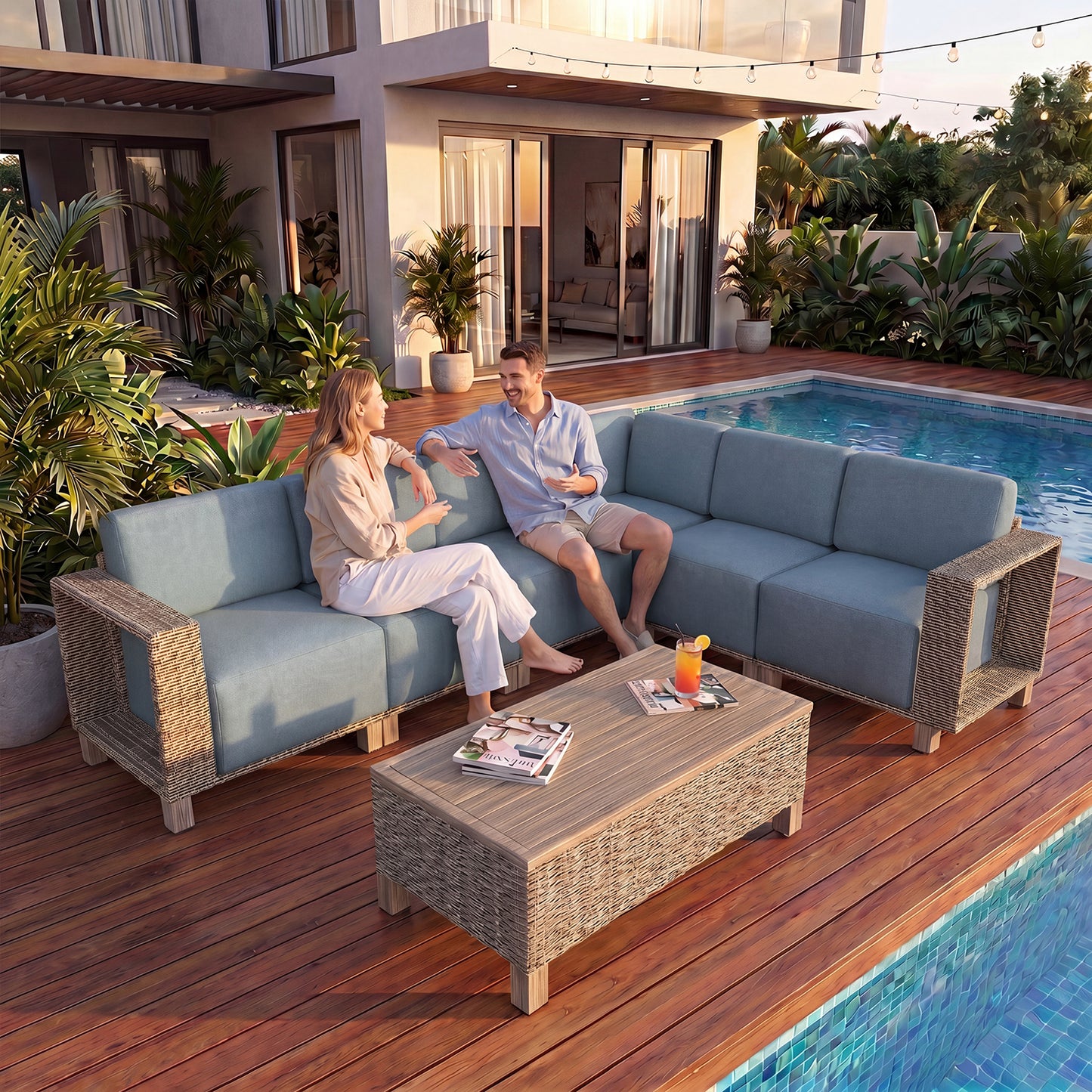 Clouddwell 7-Piece L-Shaped Wicker Patio Set with Coffee Table, Indoor Sectional Sofa with Blue Cushions