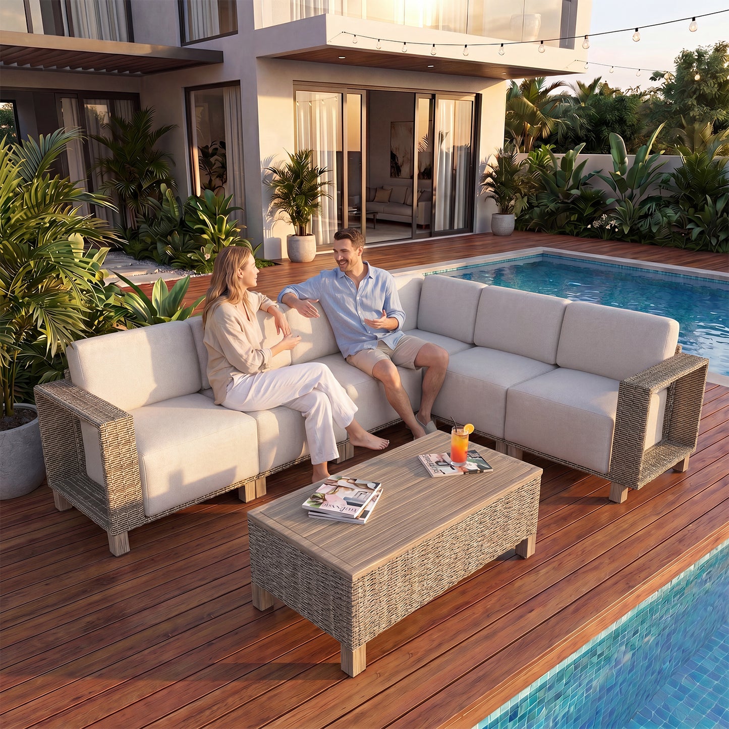 Clouddwell 7-Piece L-Shaped Wicker Patio Set with Coffee Table, Indoor Sectional Sofa with Beige Cushions