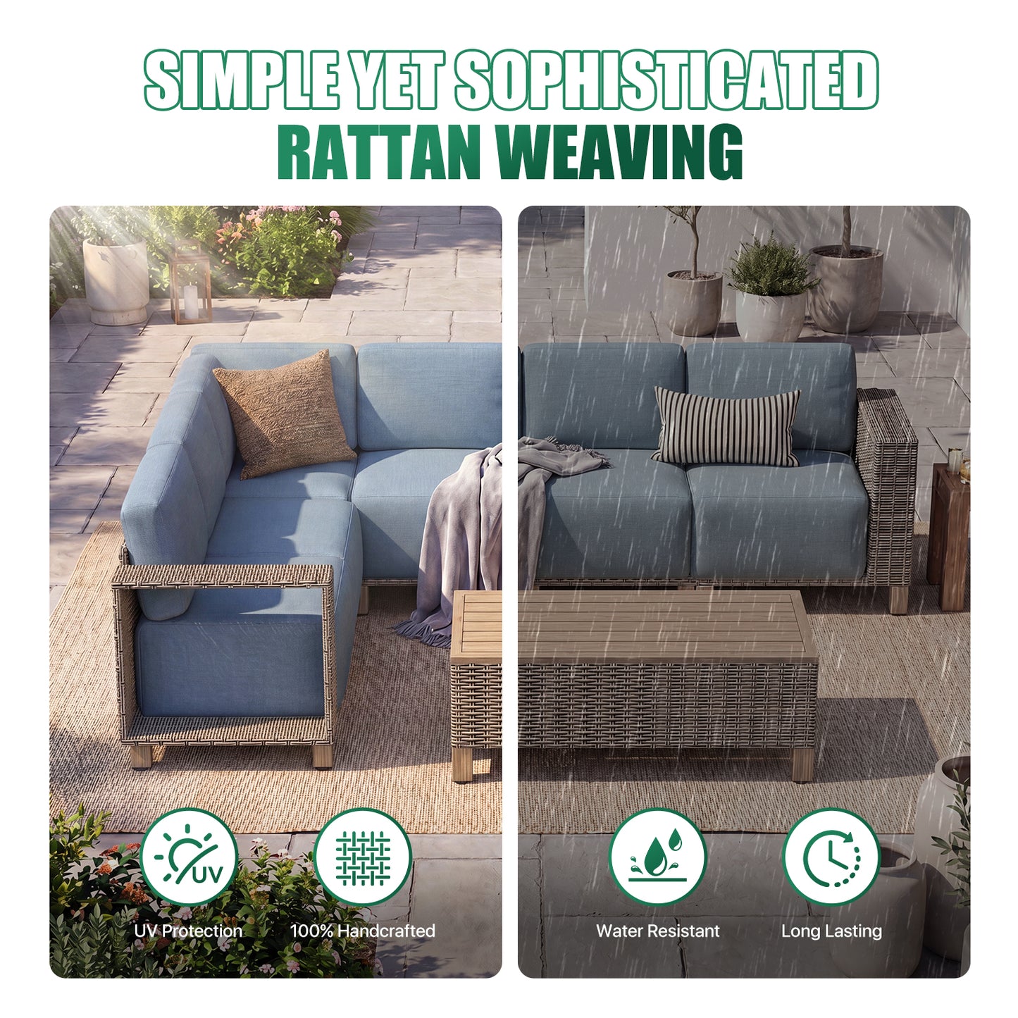 Clouddwell 7-Piece L-Shaped Wicker Patio Set with Coffee Table, Indoor Sectional Sofa with Blue Cushions