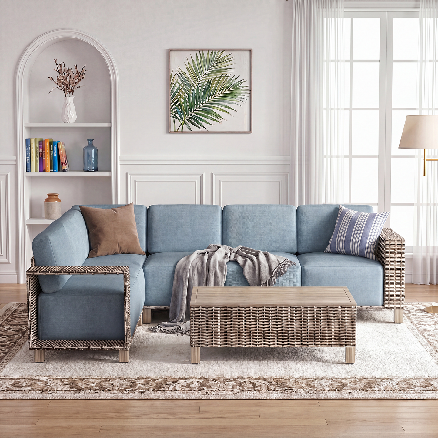 Clouddwell 7-Piece L-Shaped Wicker Patio Set with Coffee Table, Indoor Sectional Sofa with Blue Cushions