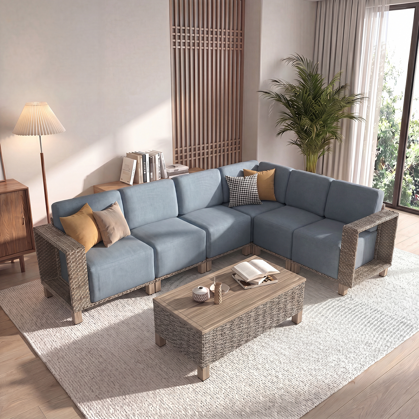 Clouddwell 7-Piece L-Shaped Wicker Patio Set with Coffee Table, Indoor Sectional Sofa with Blue Cushions