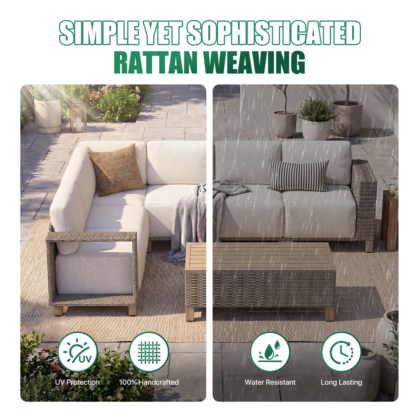 Clouddwell 7-Piece L-Shaped Wicker Patio Set with Coffee Table, Indoor Sectional Sofa with Beige Cushions