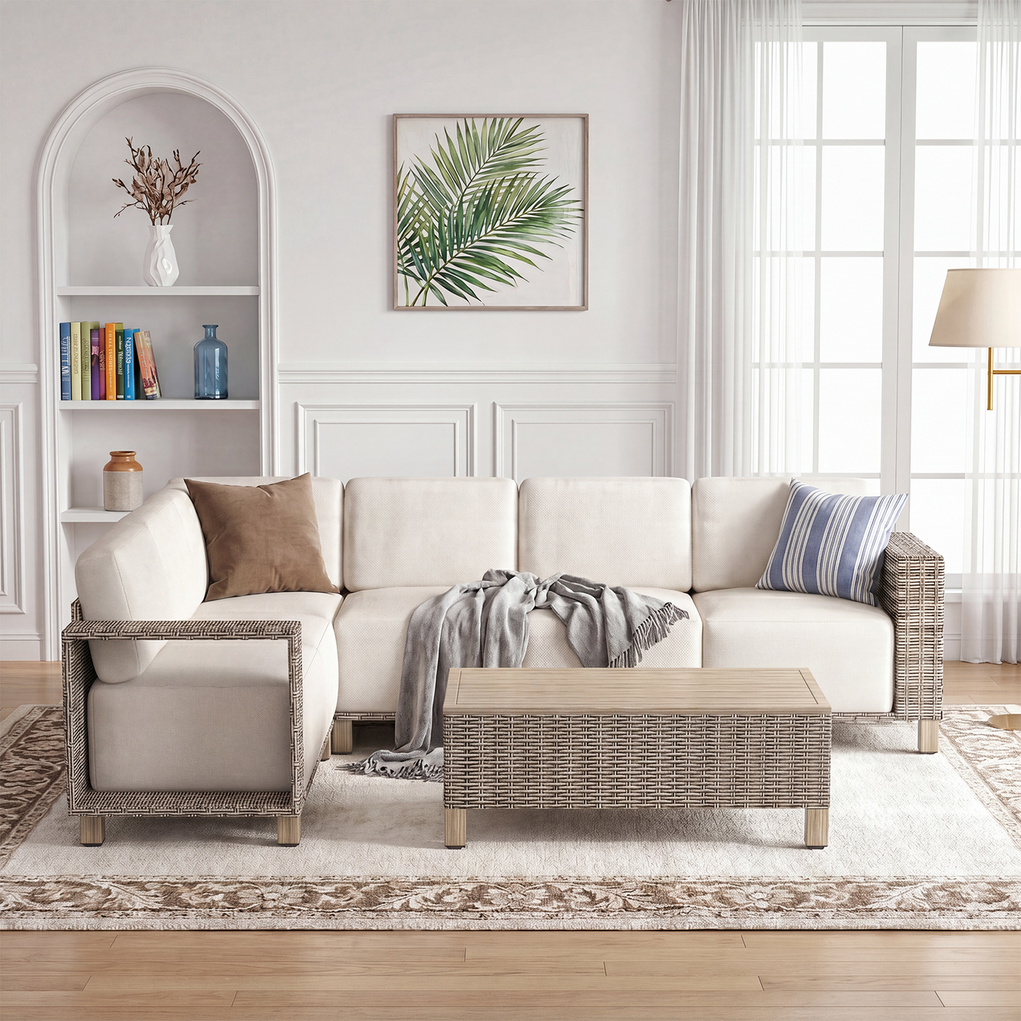 Clouddwell 7-Piece L-Shaped Wicker Patio Set with Coffee Table, Indoor Sectional Sofa with Beige Cushions