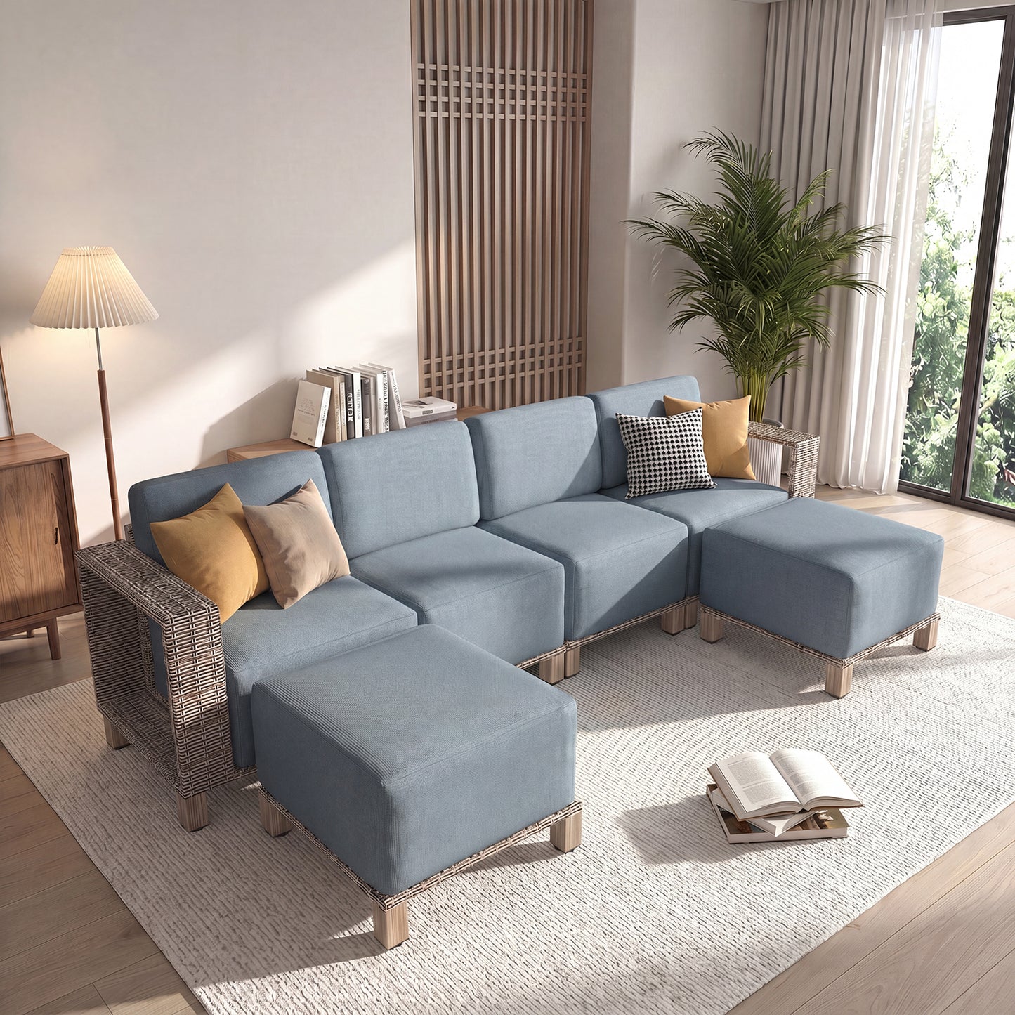 Clouddwell 6-Piece Wicker Patio Furniture Set, Indoor Sectional Conversation Sofa with 2 Ottomans, Blue