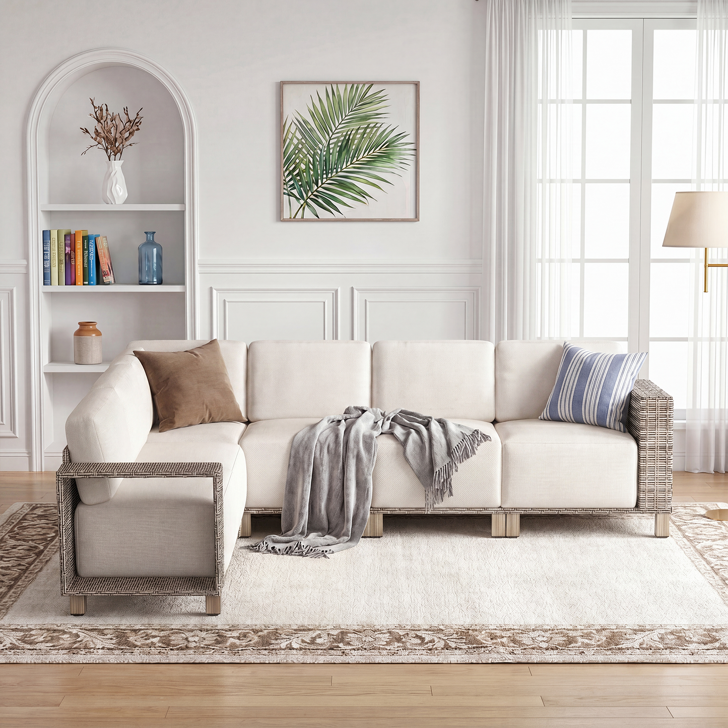Clouddwell 6-Piece L-Shaped Wicker Patio Set,Indoor Sectional Sofa with Beige Cushions